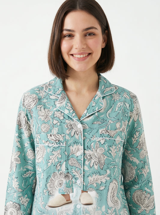 Women’s Mint Blue Cotton Night Suit Set - Elegant Two Piece Pajama Set