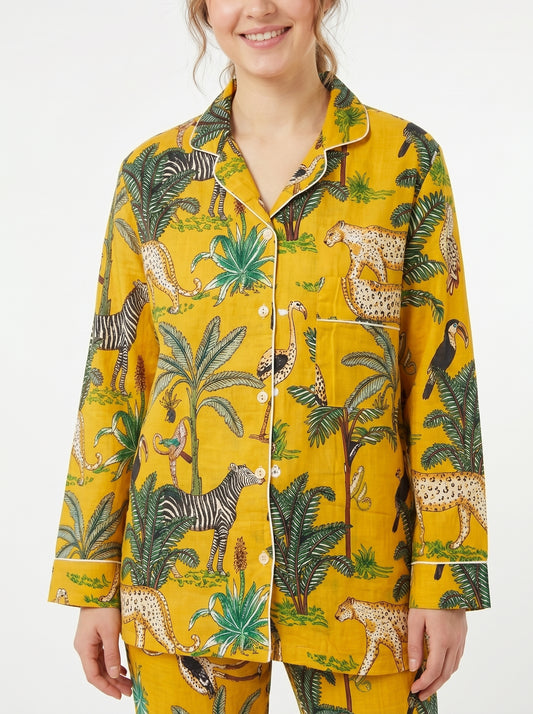 Women's Yellow Safari Print Cotton Night Suit Set – Elegant Two Piece Pajama Set