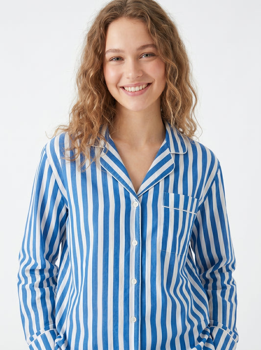 Women's Blue Breeze Stripes Cotton Night Suit Set – Elegant Two Piece Pajama Set