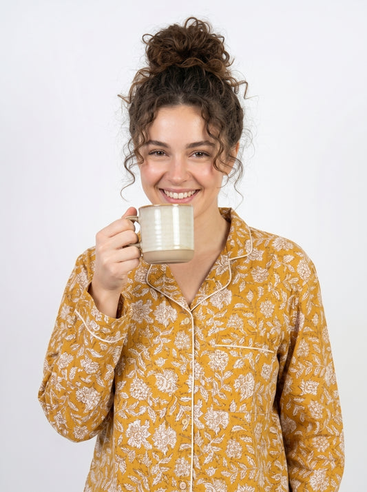 Women's Sun-Kissed Yellow Blooms Cotton Night Suit Set – Elegant Two Piece Pajama Set