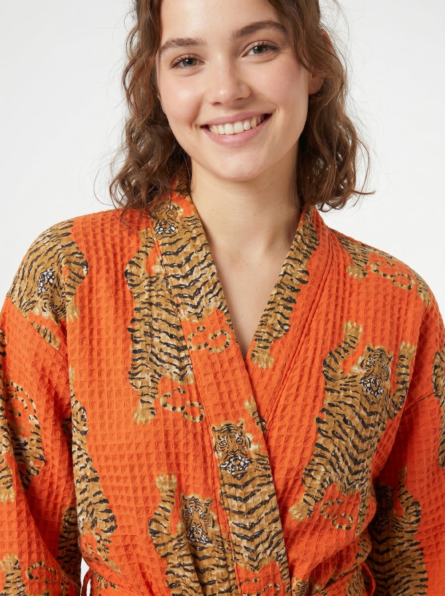 Bold Orange Tiger Tango Waffle Bathrobe – Luxury Spa Robe