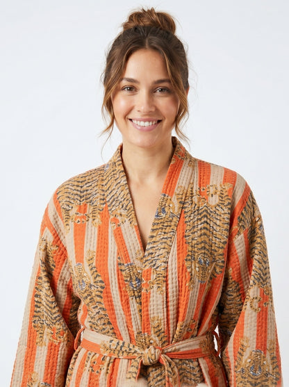 Bold Orange & Off-White Stripe Tiger Waffle Bathrobe – Luxury Spa Robe
