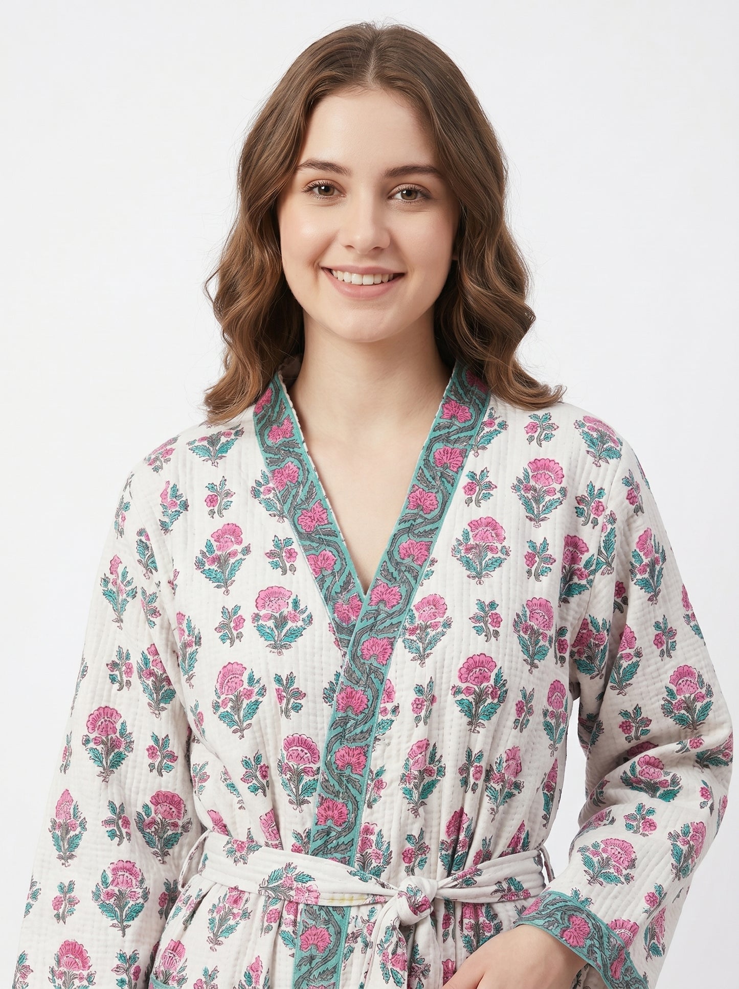 Petal White Comfort Handblock Waffle Bathrobe – Luxury Spa Robe