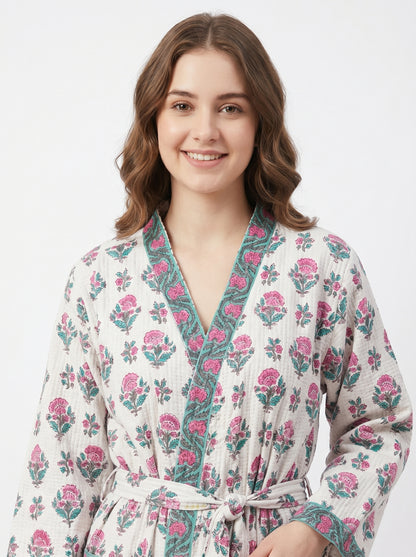 Petal White Comfort Handblock Waffle Bathrobe – Luxury Spa Robe