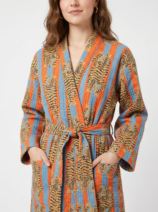 Bold Orange & Blue Stripe Tiger Waffle Bathrobe – Luxury Spa Robe