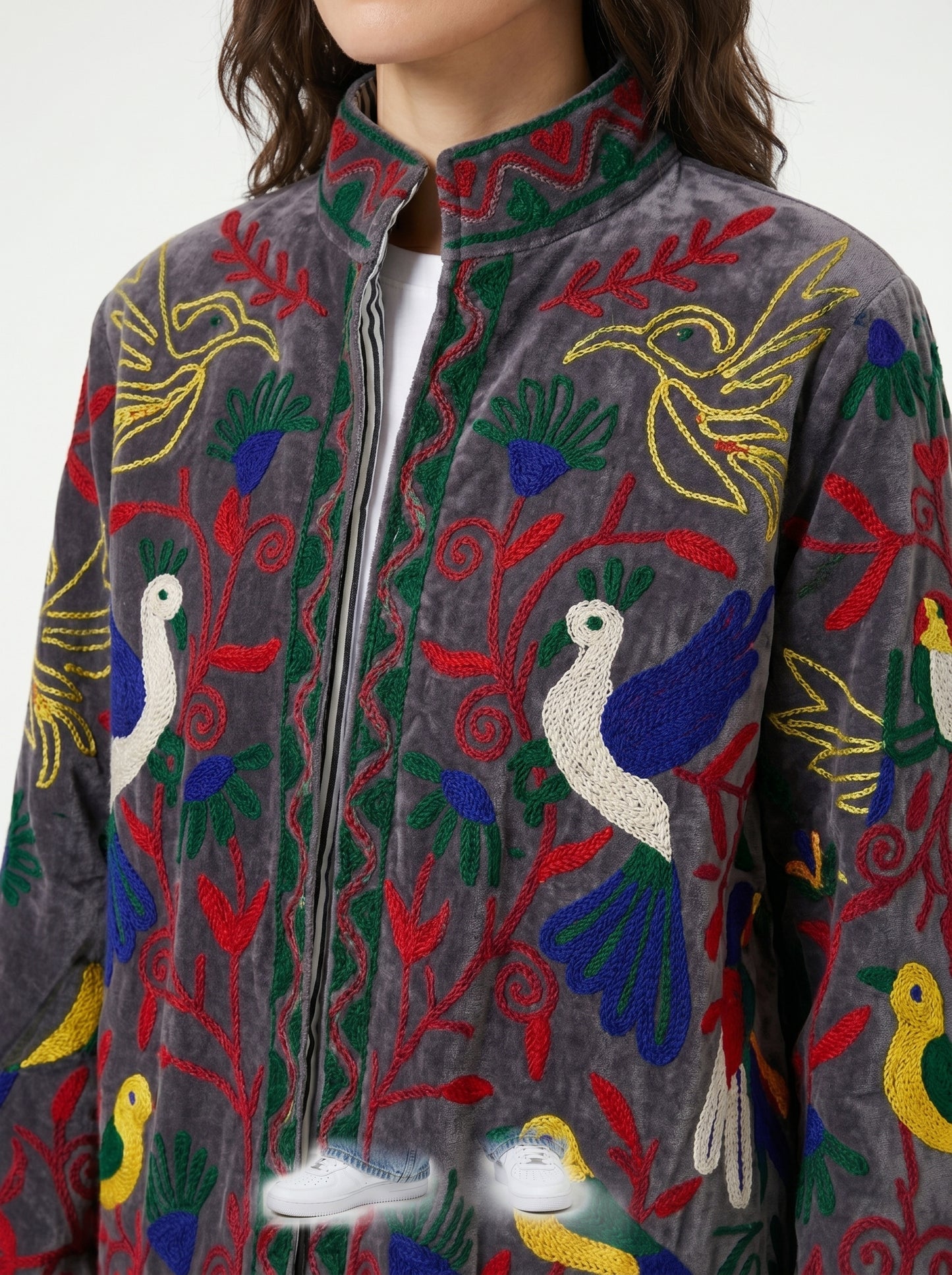 Women's Peacock Suzani Reversible Velvet Jacket – Artistic Embroidered Statement Jacket