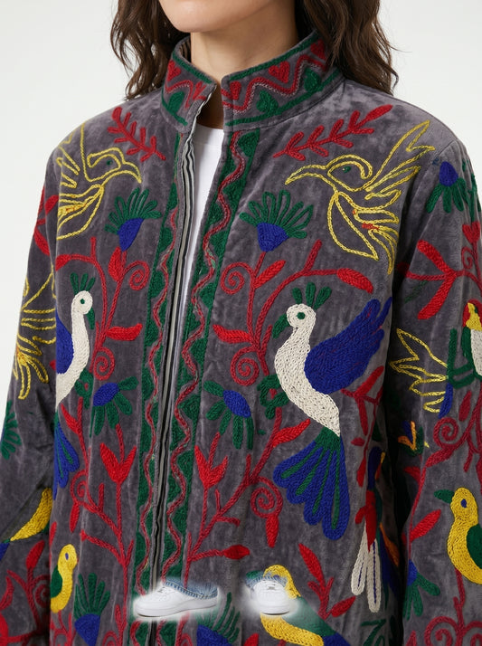 Women's Peacock Suzani Reversible Velvet Jacket – Artistic Embroidered Statement Jacket