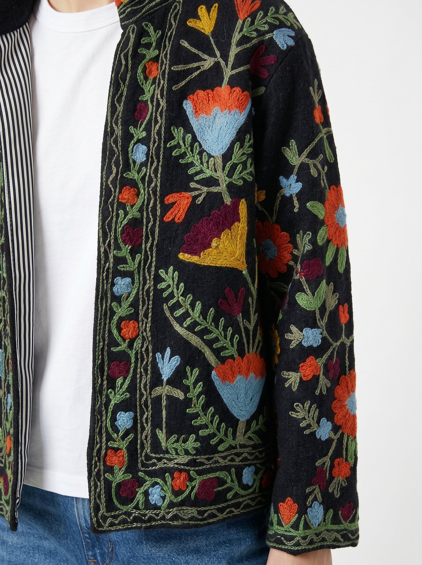 Women's Black Floral Suzani Reversible Velvet Jacket – Artistic Embroidered Statement Jacket