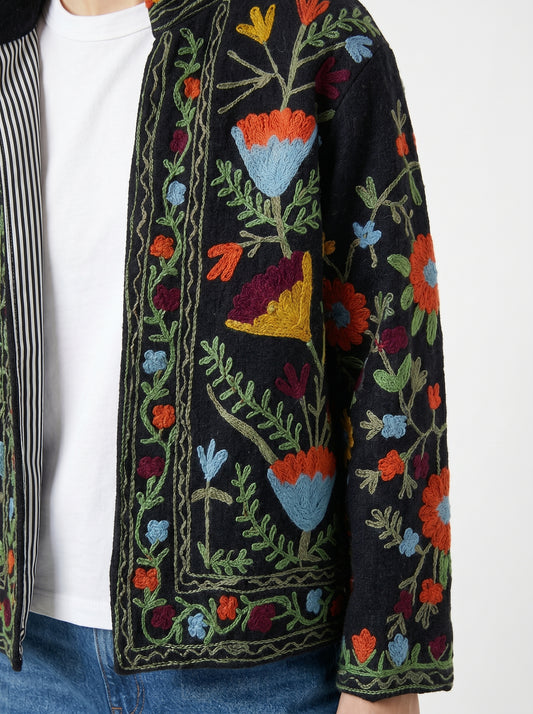 Women's Black Floral Suzani Reversible Velvet Jacket – Artistic Embroidered Statement Jacket