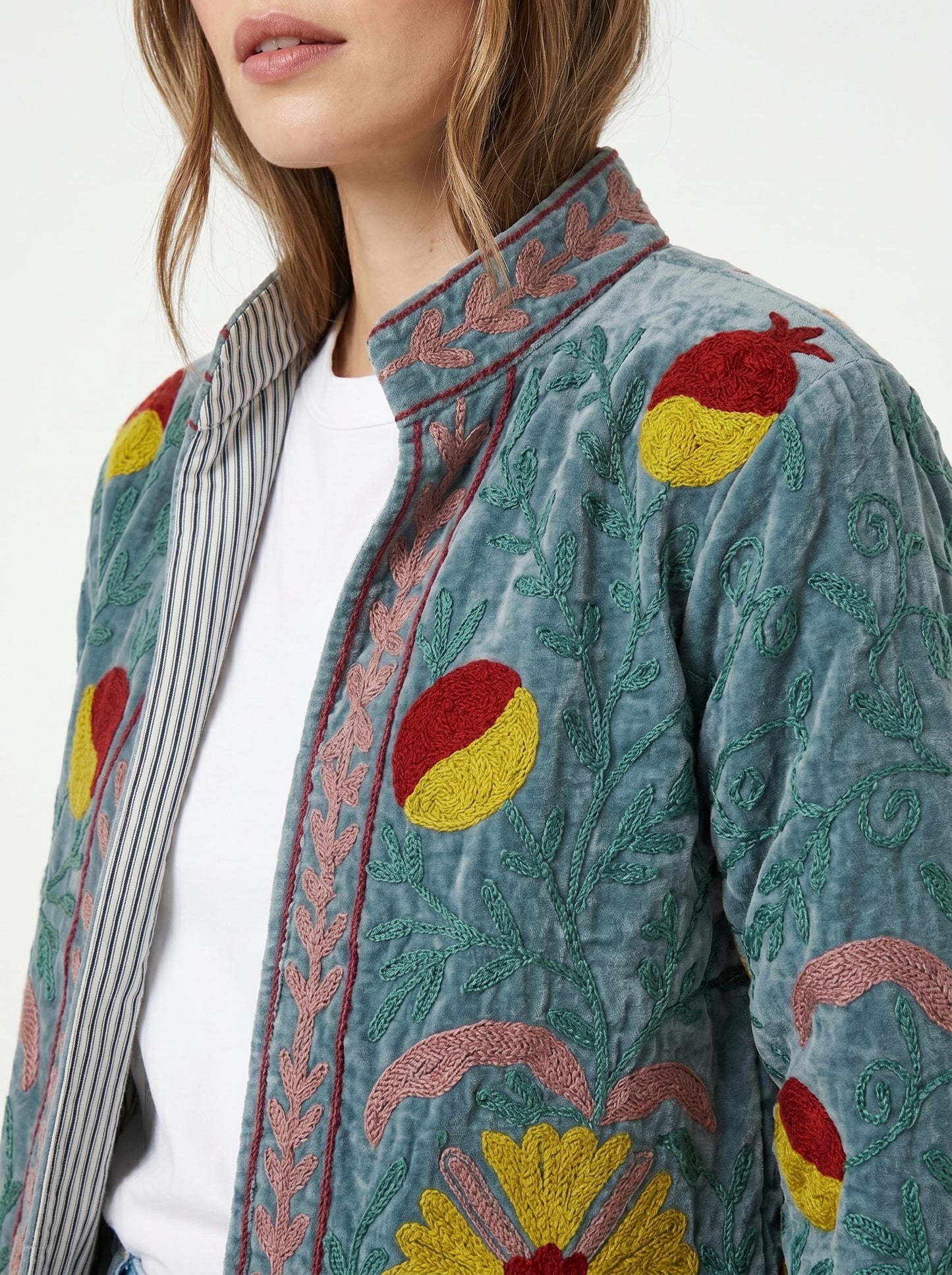 Women's Grey Floral Suzani Reversible Velvet Jacket – Artistic Embroidered Statement Jacket