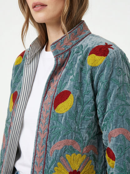 Women's Grey Floral Suzani Reversible Velvet Jacket – Artistic Embroidered Statement Jacket
