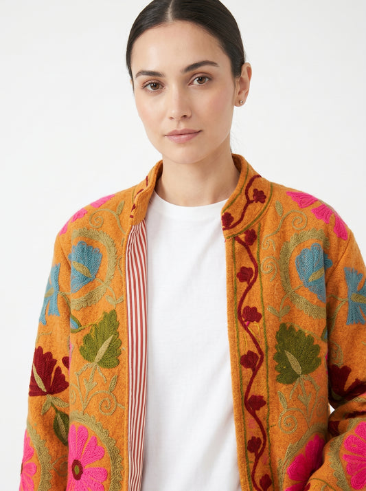 Women's Orange Floral Suzani Reversible Velvet Jacket – Artistic Embroidered Statement Jacket