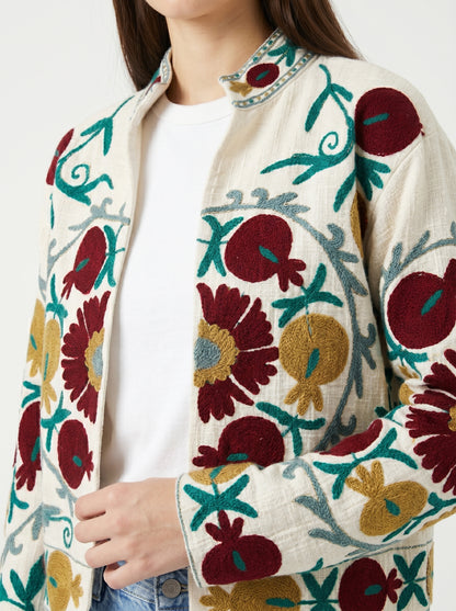 Women's White Floral Suzani Reversible Velvet Jacket – Artistic Embroidered Statement Jacket