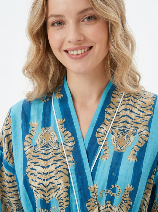 Women's tiger and blue stripes Tibetan cotton kimono robe. Lightweight lounge
 robe featuring an eclectic tiger motif on a striped blue background.