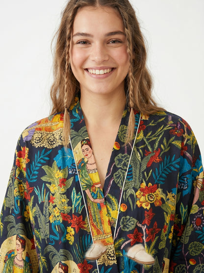Black Farida women's cotton kimono. Elegant black and white 
patterned lightweight cotton robe with long sleeves and waist tie.