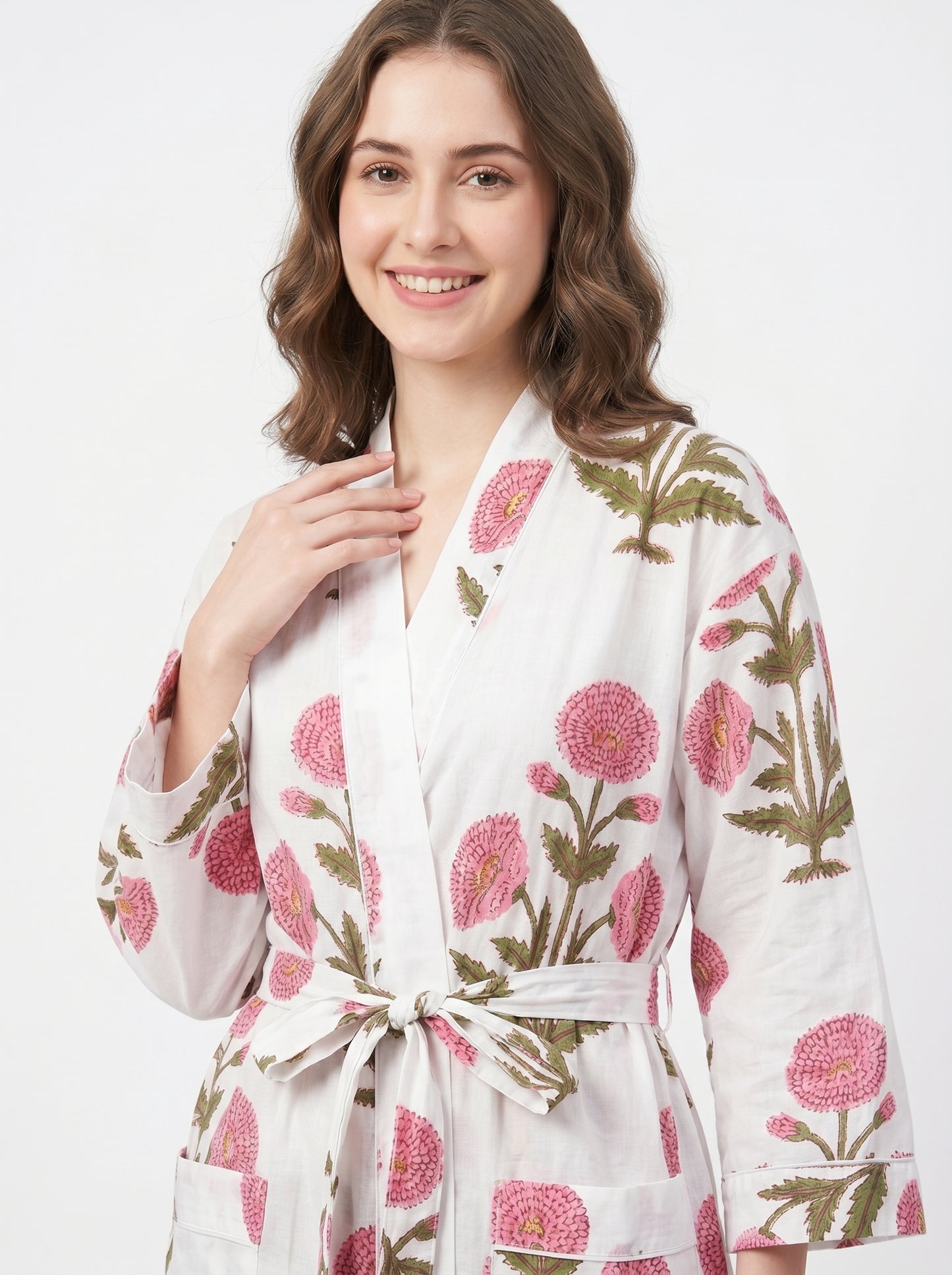 Petal Cloud pink women's cotton kimono. Soft, airy pink floral 
block print lightweight cotton robe for lounging at home.