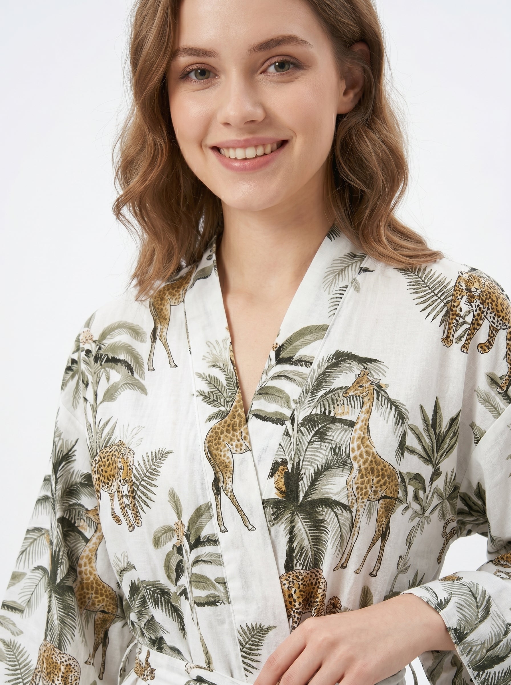 White Jungle Muse women's cotton kimono. Tropical botanical and
 jungle print lightweight cotton housecoat in white and green.