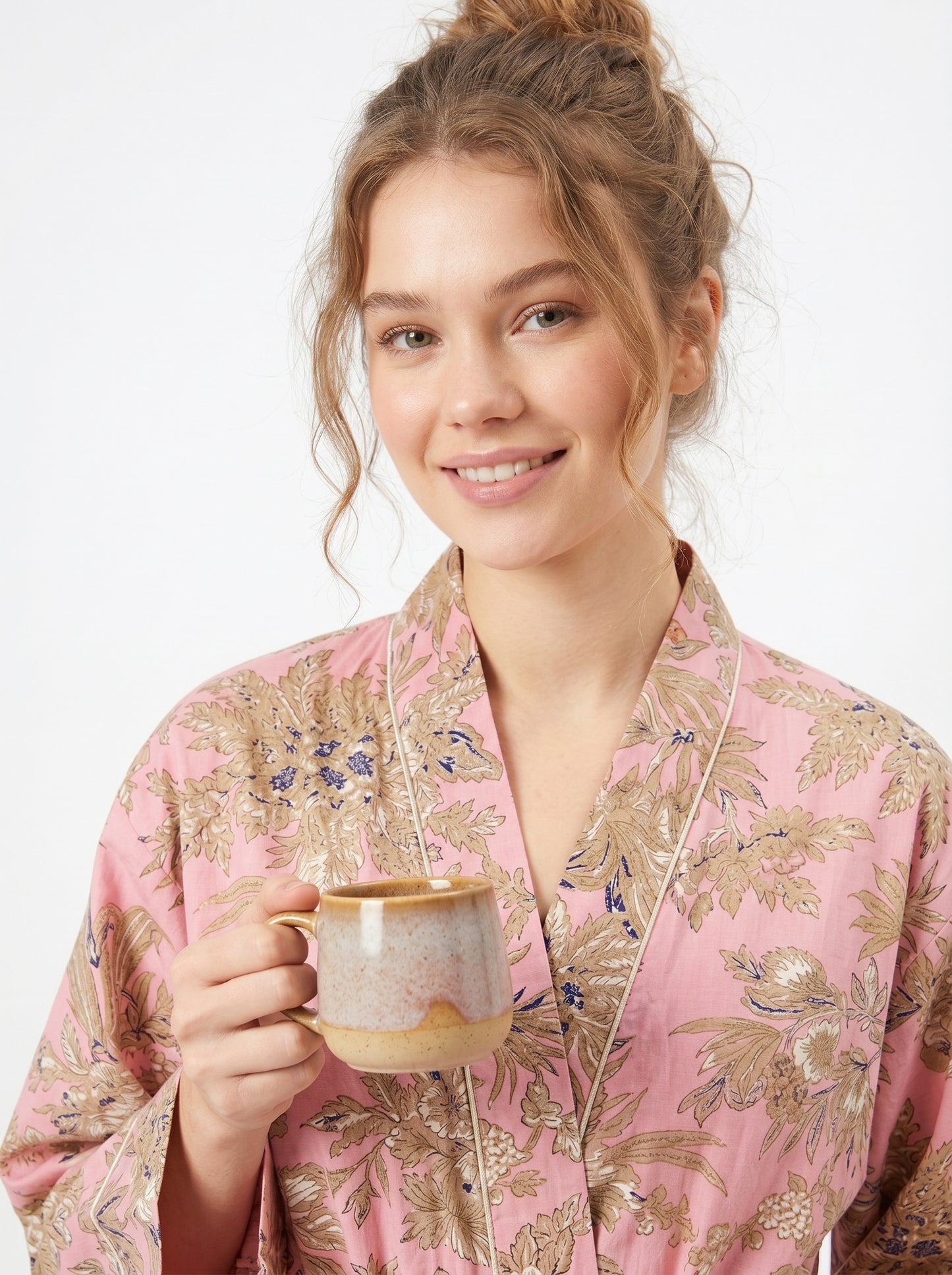 Blush Bloom women's cotton Tibetan kimono. Soft pastel pink
 floral printed lightweight cotton robe for morning loungewear.
