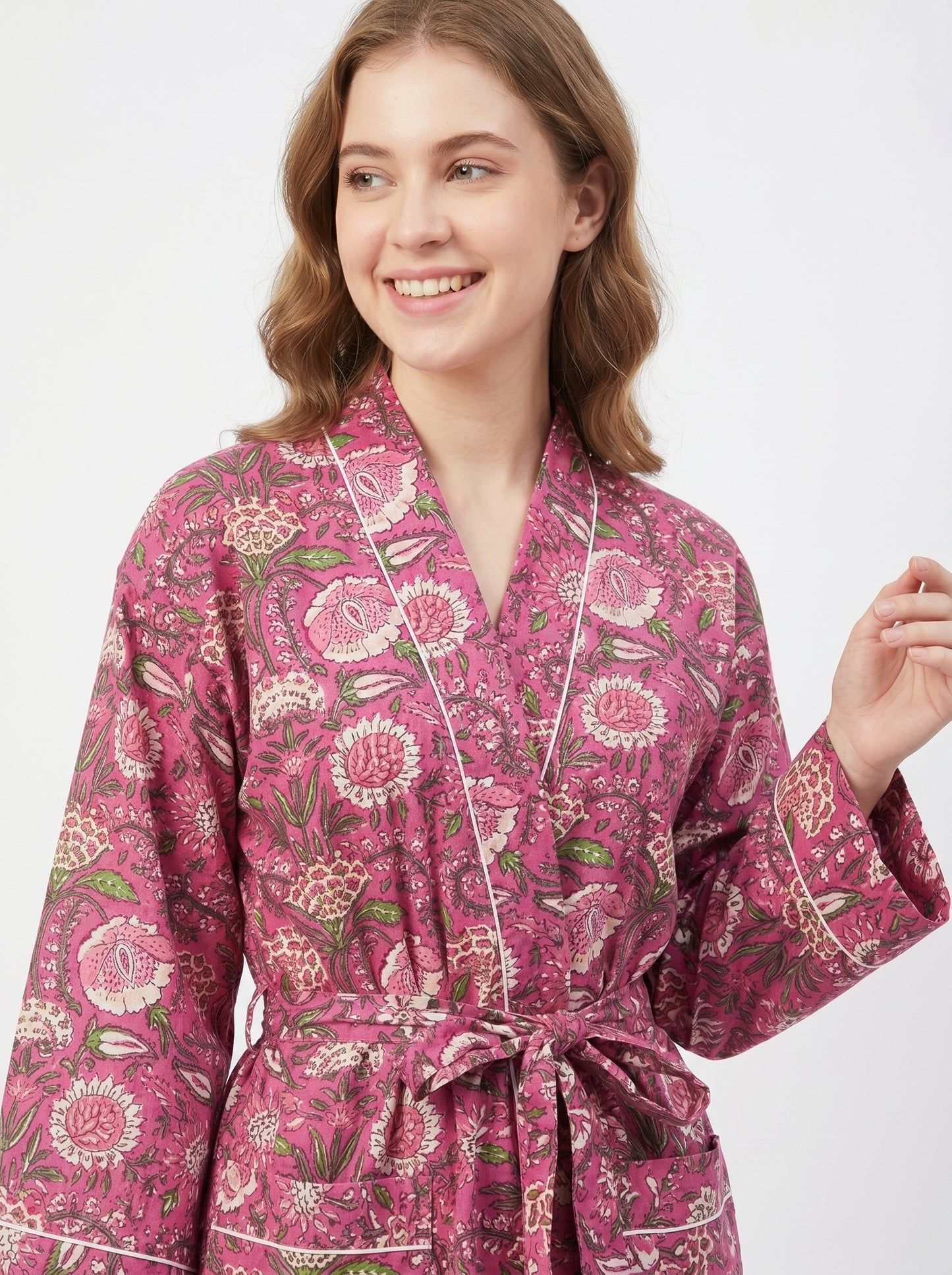 Fuchsia pink petal women's cotton kimono. Vibrant pink floral block
 print lightweight dressing gown and summer robe.