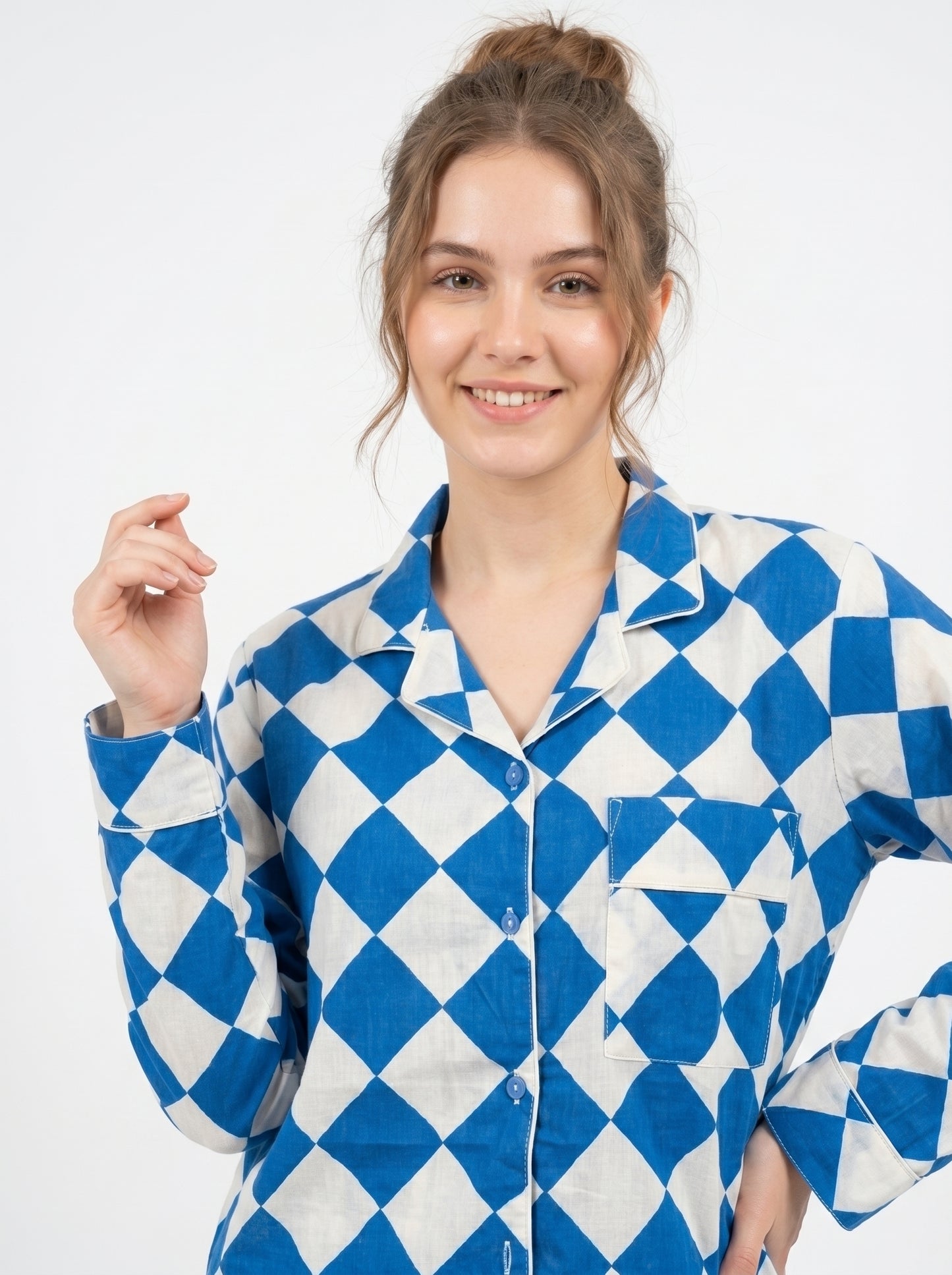 White Blue Checks Abstract Cotton Night Suit Set – Elegant Two Piece Pajama Set