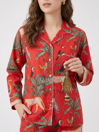 Women's Red Safari Print Cotton Night Suit Set – Elegant Two Piece Pajama Set