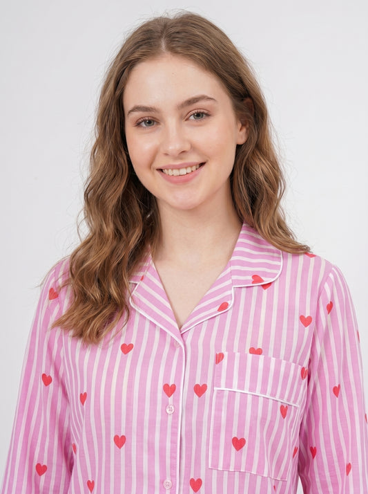 Women's Pink Heart Stripe Cotton Night Suit Set – Cute Two Piece Pajama Set