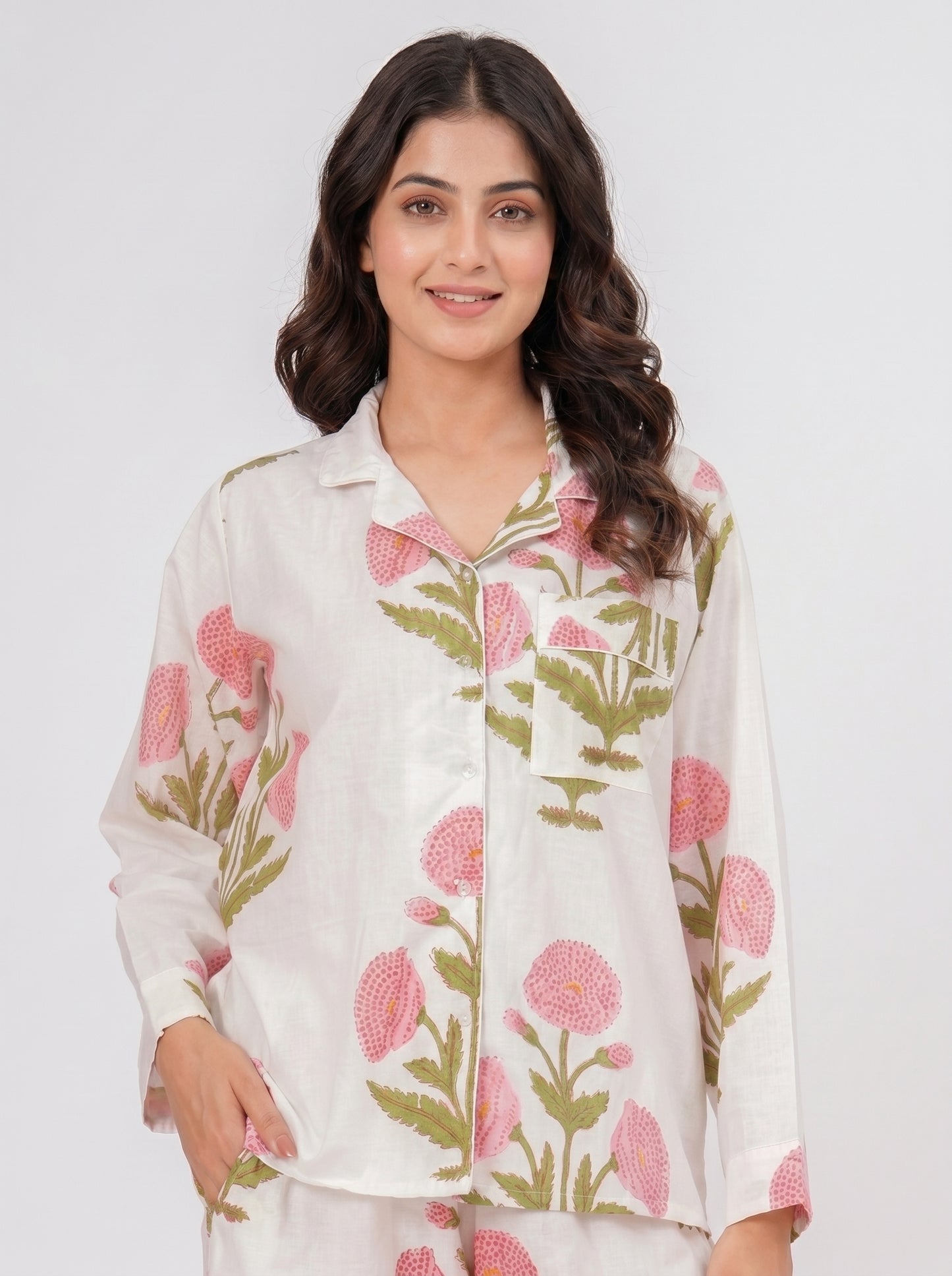 Women's White Floral Print Cotton Night Suit Set – Elegant Two Piece Pajama Set