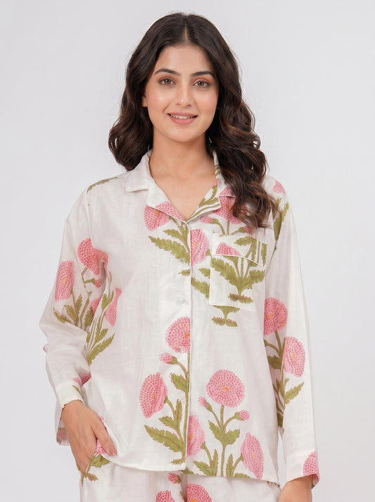 Women's White Floral Print Cotton Night Suit Set – Elegant Two Piece Pajama Set