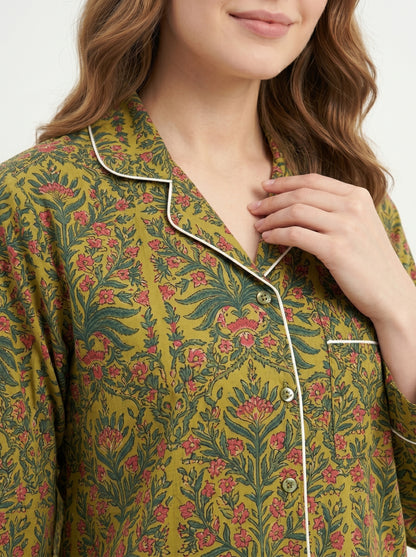 Women's Green Botanical Floral Print Cotton Night Suit Set – Elegant Two Piece Pajama Set