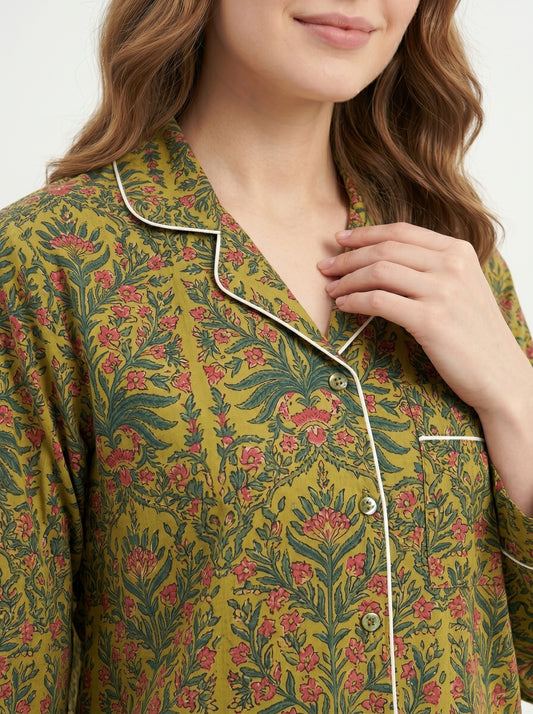 Women's Green Botanical Floral Print Cotton Night Suit Set – Elegant Two Piece Pajama Set