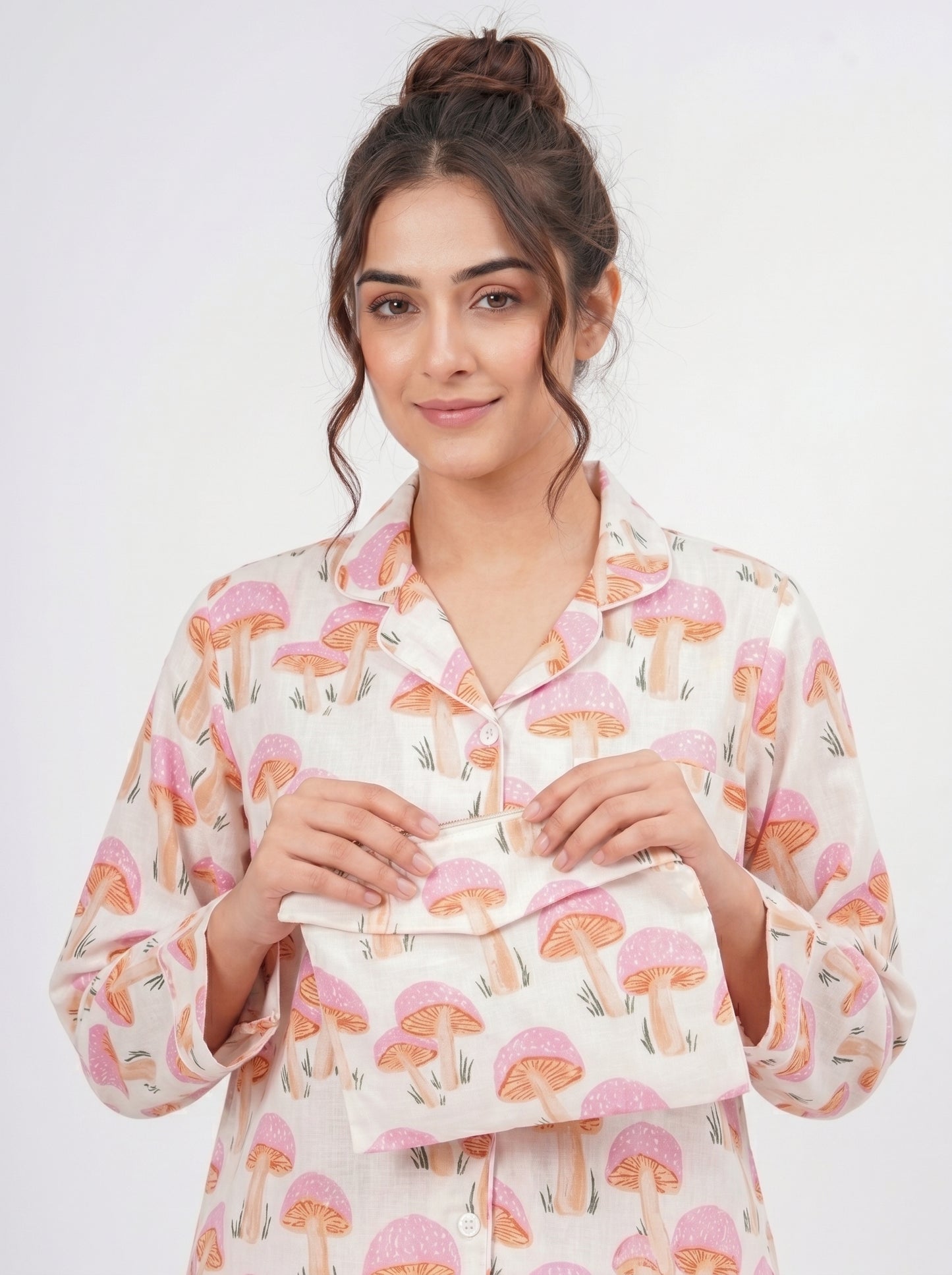Women's Pink Mushroom Print Cotton Night Suit Set – Cute Two Piece Pajama Set