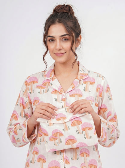 Women's Pink Mushroom Print Cotton Night Suit Set – Cute Two Piece Pajama Set