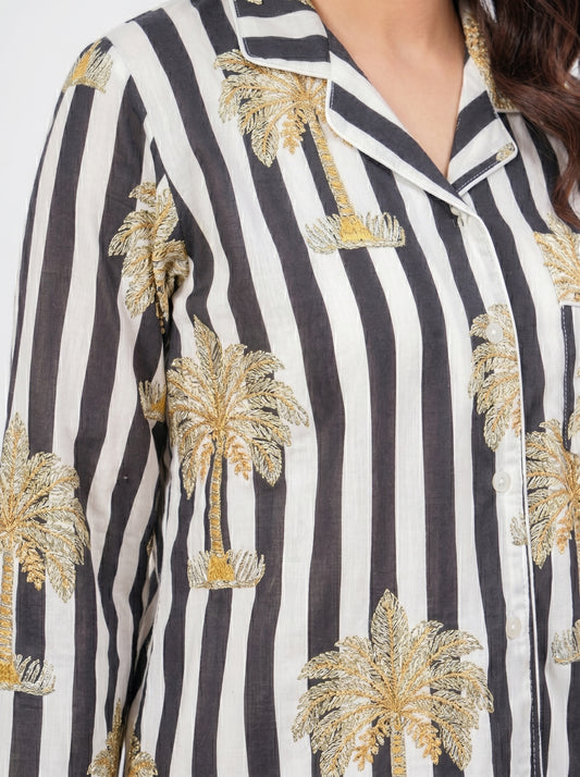 Women's Black Striped Palm Tree Cotton Night Suit Set – Two Piece Pajama Set
