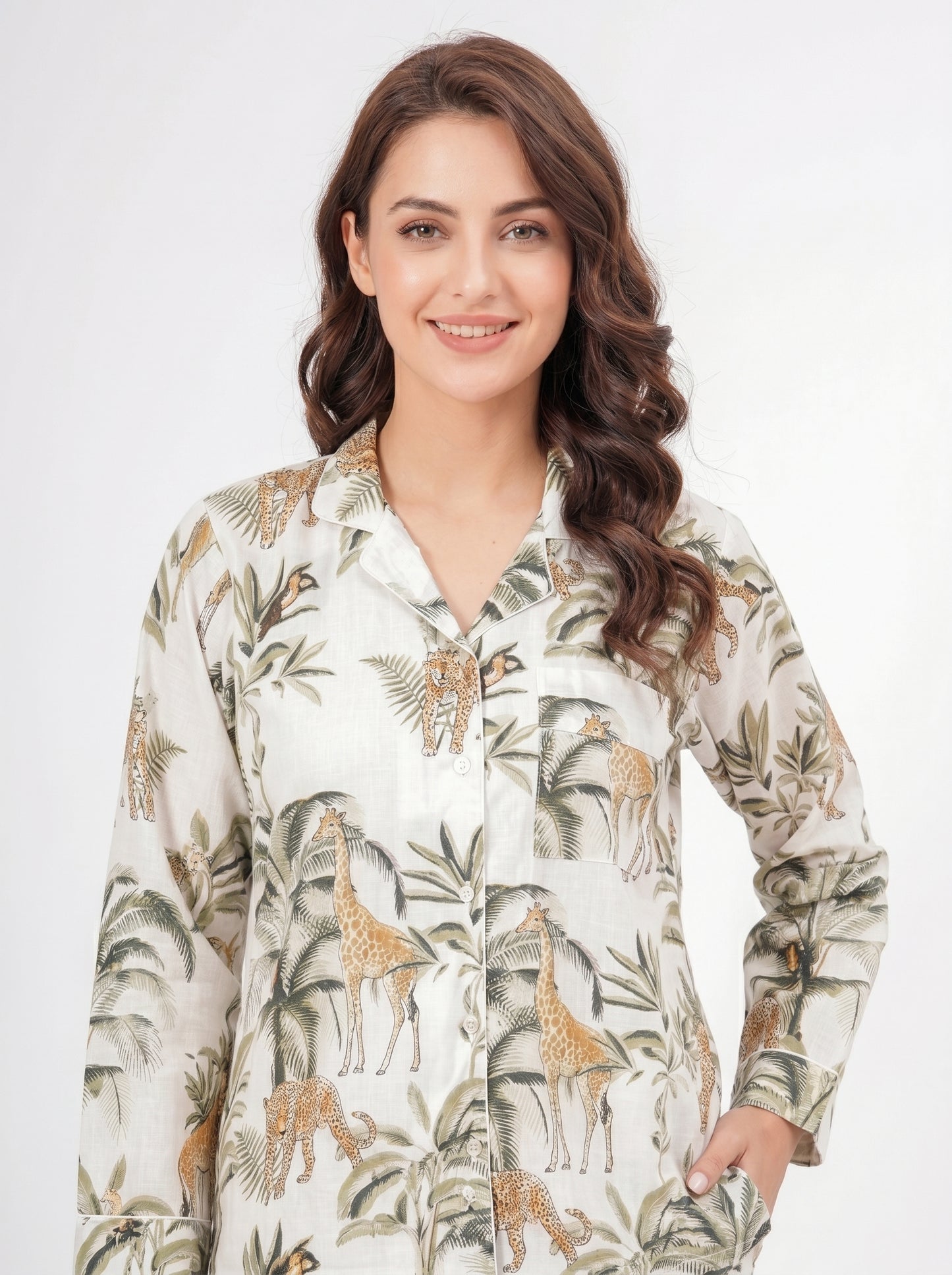 Women's White Jungle Muse Cotton Night Suit Set – Elegant Two Piece Pajama
