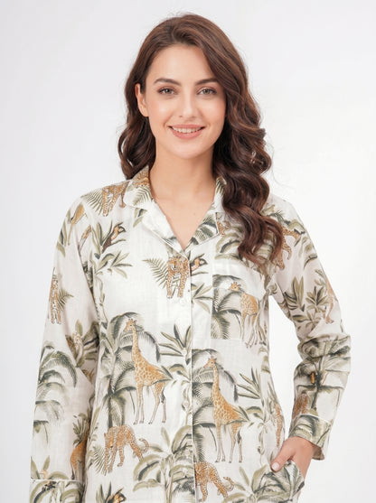 Women's White Jungle Muse Cotton Night Suit Set – Elegant Two Piece Pajama