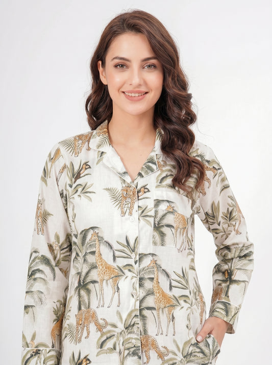 Women's White Jungle Muse Cotton Night Suit Set – Elegant Two Piece Pajama