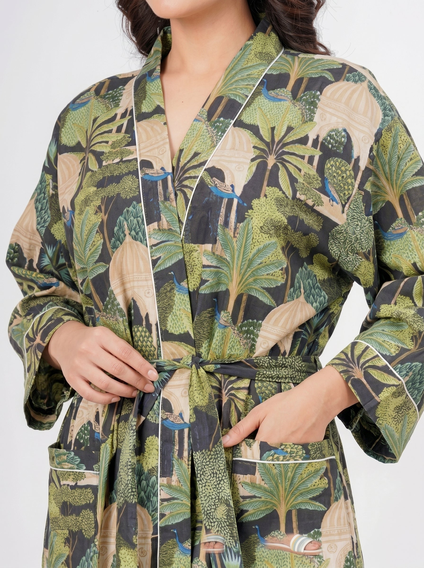Peacock Grace women's cotton enchanted jungle kimono. Elegant floral 
and peacock pattern printed cotton robe for lounging.