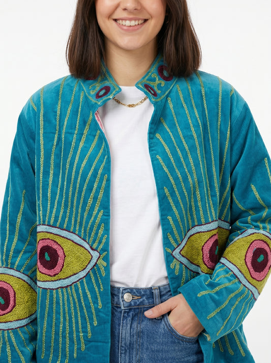 Women's Teal Evil's Eye 1069 Suzani Reversible Velvet Jacket – Artistic Embroidered Statement Jacket