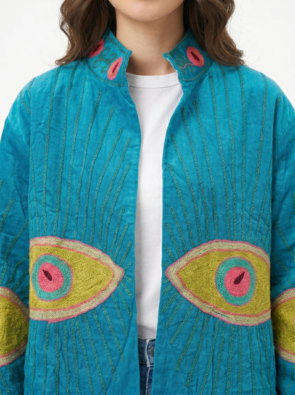 Women's Teal Evil's Eye 1064 Suzani Reversible Velvet Jacket – Artistic Embroidered Statement Jacket