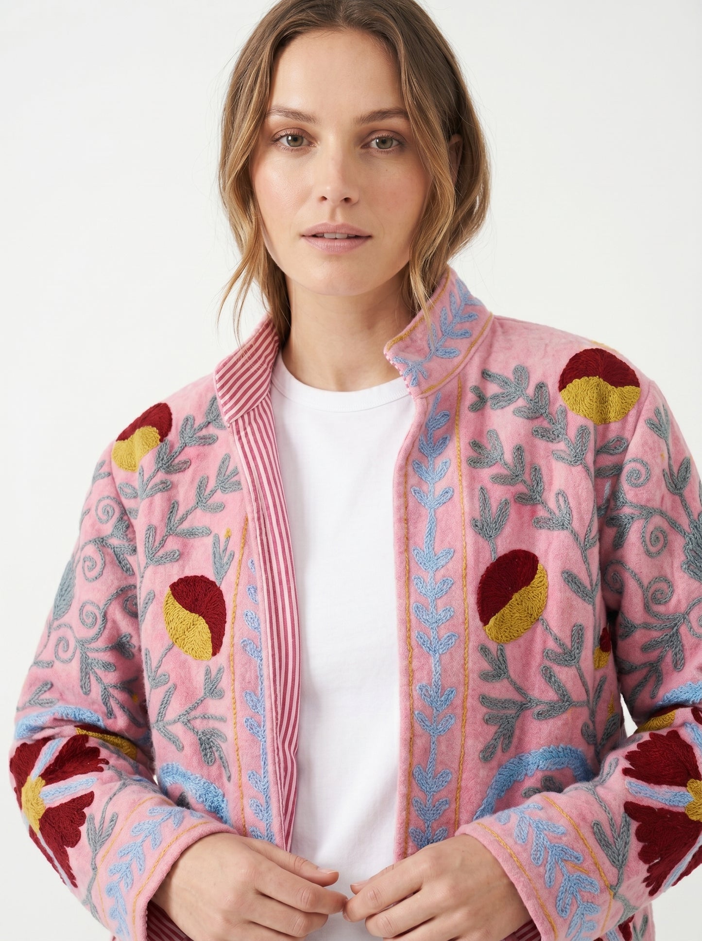 Women's Pink Bloom Suzani Reversible Velvet Jacket – Artistic Embroidered Statement Jacket