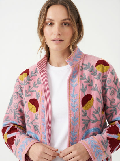 Women's Pink Bloom Suzani Reversible Velvet Jacket – Artistic Embroidered Statement Jacket