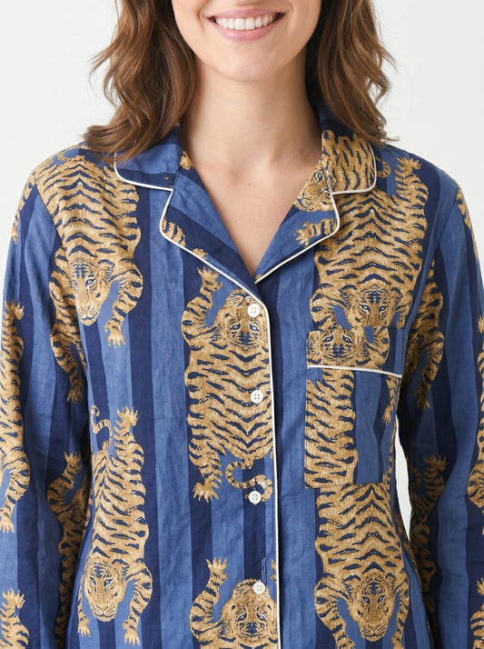 Women’s Blue Tibetan TigerPrint Cotton Night Suit Set – Elegant Two Piece Pajama Set