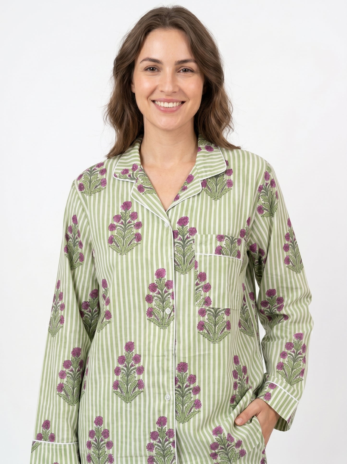 Women’s Green Floral Print Cotton Night Suit Set – Elegant Two Piece Pajama Set