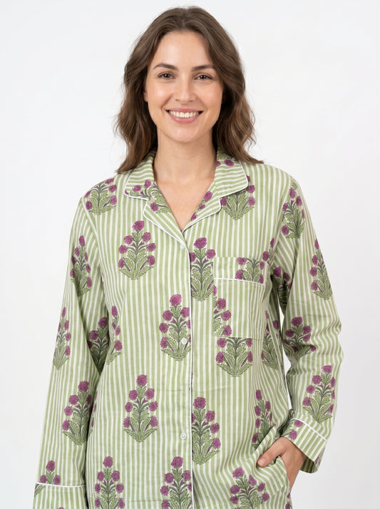 Women’s Green Floral Print Cotton Night Suit Set – Elegant Two Piece Pajama Set