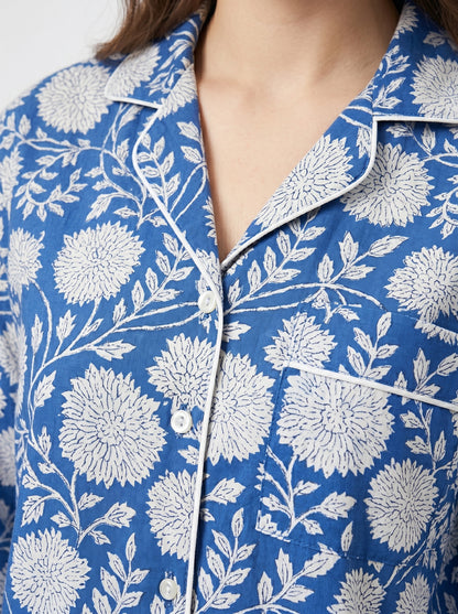 Women’s Bloom in Blue Print Cotton Night Suit Set – Elegant Two Piece Pajama Set