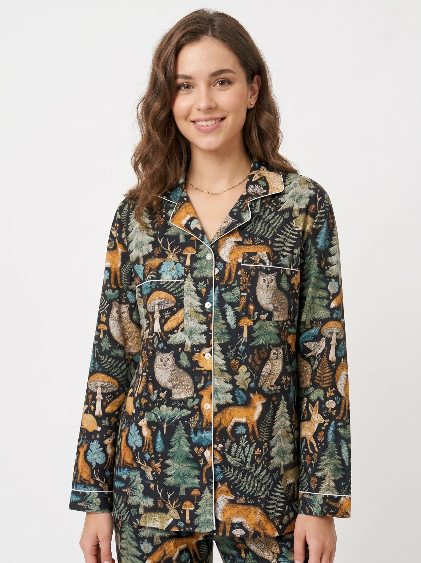Women's Black Midnight Jungle Cotton Night Suit Set – Elegant Two Piece Pajama Set