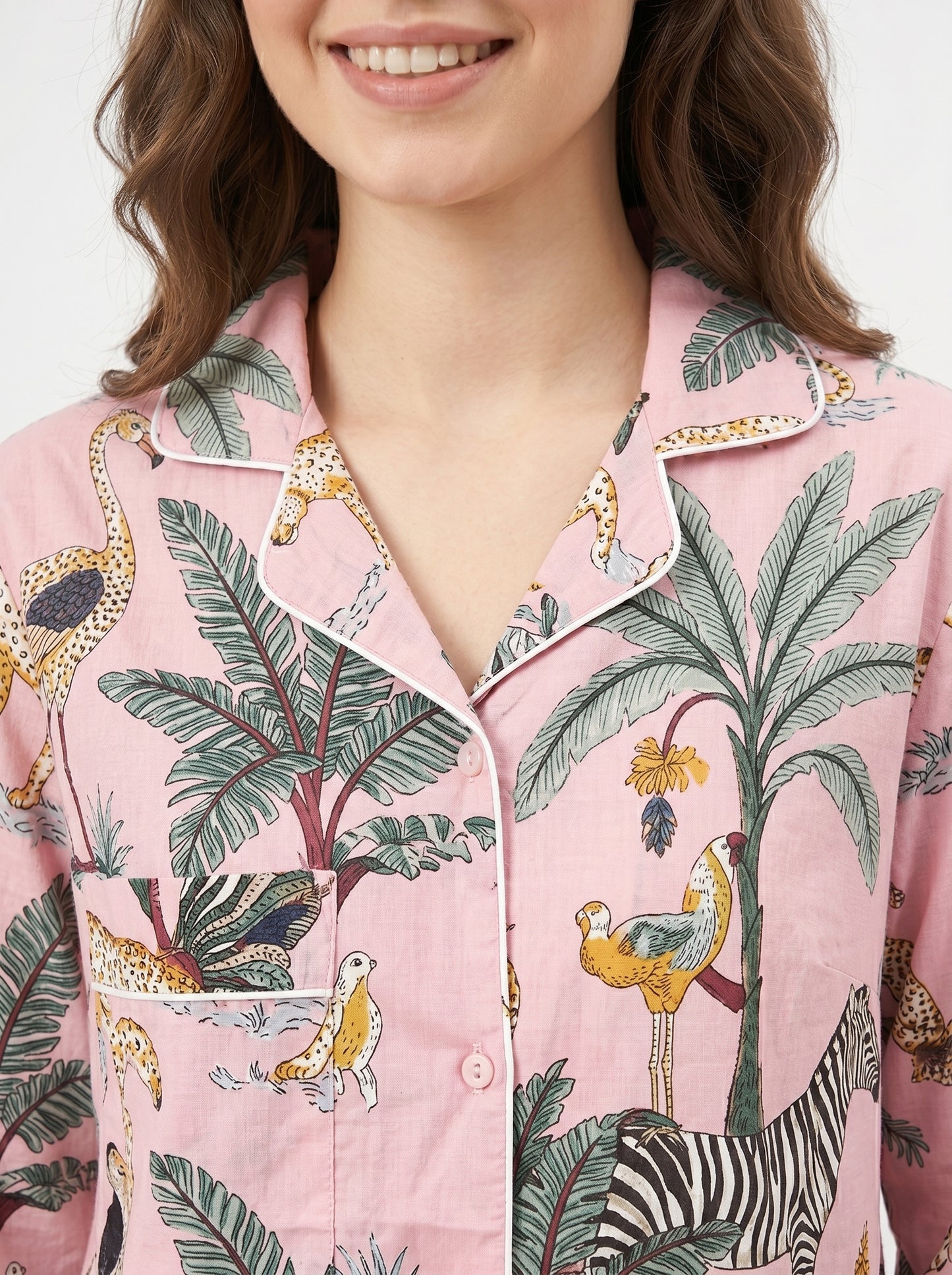 Women's Blush Pink Safari Print Cotton Night Suit Set – Elegant Two Piece Pajama Set