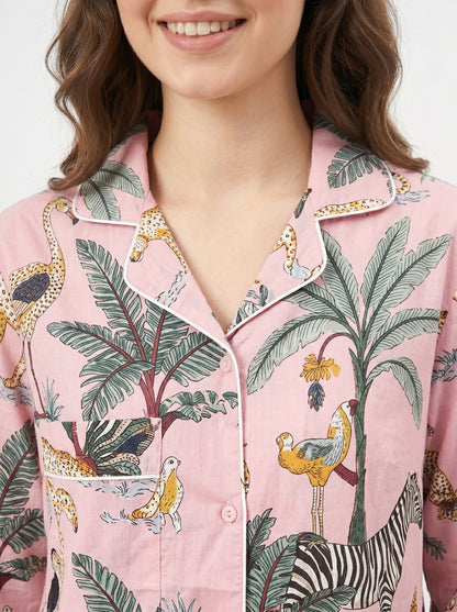 Women's Blush Pink Safari Print Cotton Night Suit Set – Elegant Two Piece Pajama Set