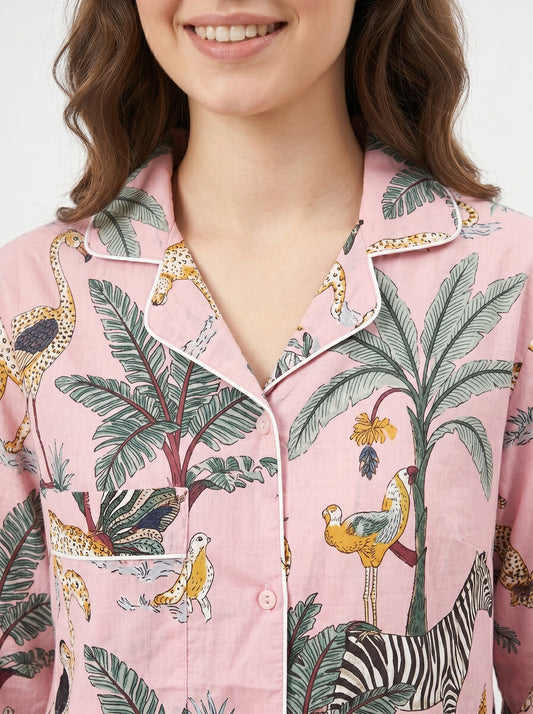 Women's Blush Pink Safari Print Cotton Night Suit Set – Elegant Two Piece Pajama Set