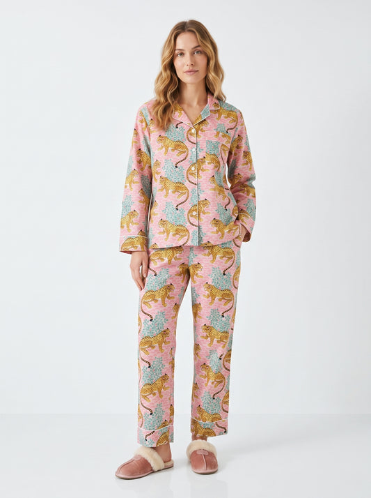 Women’s Pink & Blue Leopard Print Cotton Night Suit Set – Elegant Two Piece Pajama Set